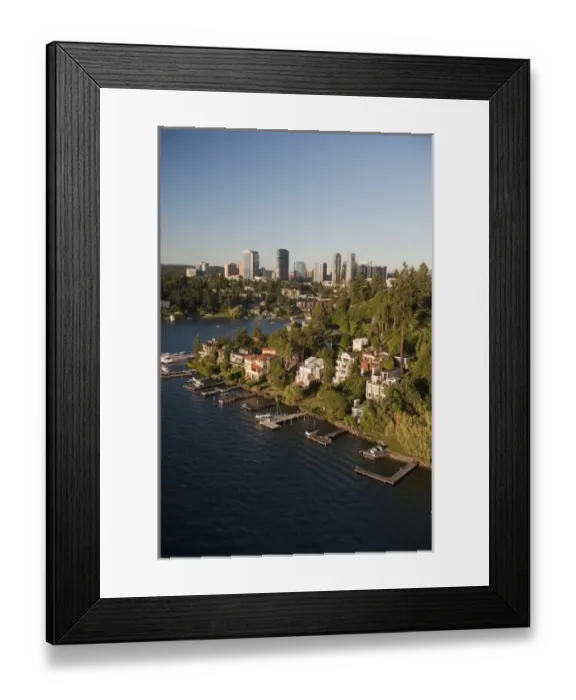 Framed Print : Aerial view of homes along the shore of Lake Washington and downtown Bellevue, Washington Framed Print : Aerial view of homes along the shore of Lake Washington and downtown Bellevue, Washington