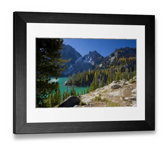 Framed Print : USA, WA, Alpine Lakes WIlderness. Colchuck Lake, in the fall with yellow larch trees