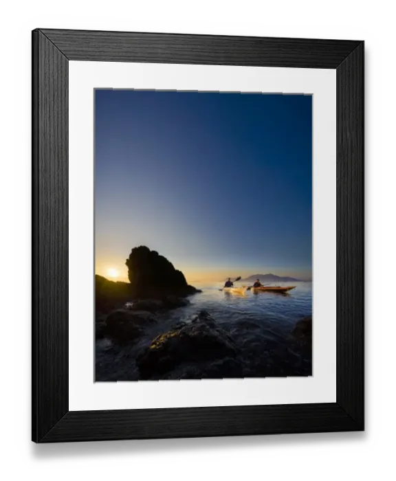 Framed Print : USA, Washington State, San Juan Islands, Doe Island. Two women kayakers at dawn. (MR) Framed Print : USA, Washington State, San Juan Islands, Doe Island. Two women kayakers at dawn. (MR)