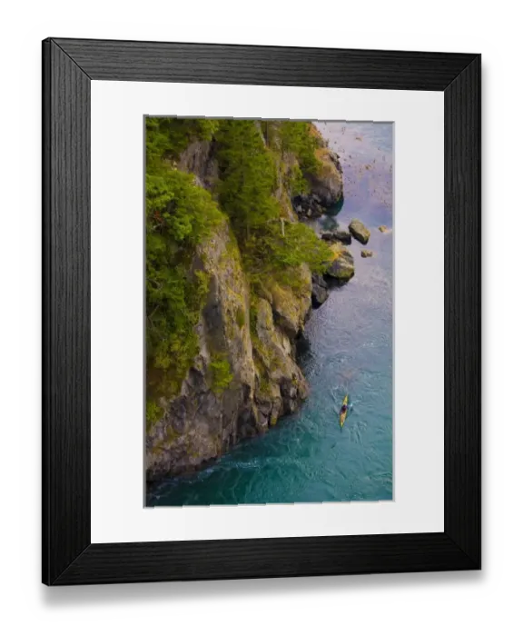 Framed Print : USA, Washington State, Puget Sound, Deception Pass. Aerial view of sea kayaker in