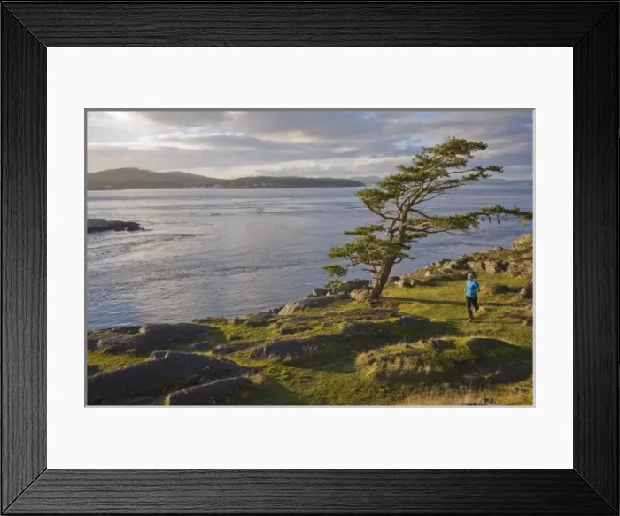 Framed Print : USA, Washington. A female runs through Shark Reef Park on Lopez Island. (MR)