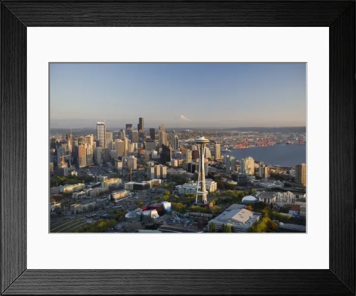 Framed Print : Aerial view of downtown Seattle, Elliott Bay and the Seattle Center, Seattle, Washington Framed Print : Aerial view of downtown Seattle, Elliott Bay and the Seattle Center, Seattle, Washington