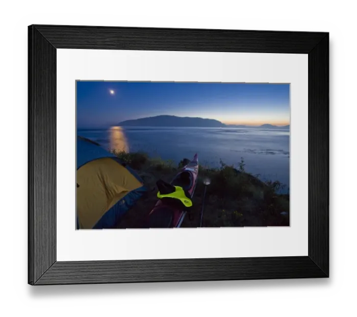 Framed Print : USA, Washington State, San Juan Islands, Strawberry Island. Kayak camp at dusk with moonlight Framed Print : USA, Washington State, San Juan Islands, Strawberry Island. Kayak camp at dusk with moonlight