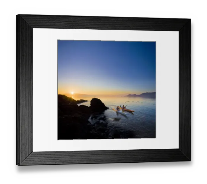 Framed Print : USA, Washington State, San Juan Islands, Doe Island. Two women kayakers at dawn. (MR) Framed Print : USA, Washington State, San Juan Islands, Doe Island. Two women kayakers at dawn. (MR)