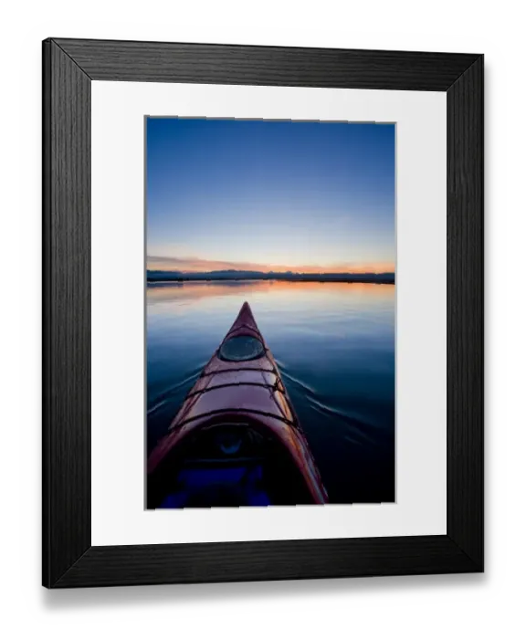 Framed Print : USA, Skagit bay, Washington. Sunrise and kayak floating at sunrise into Skagit Bay, WA