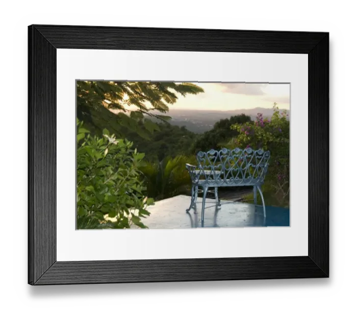 Framed Print : U. S. Virgin Islands, St. Croix, view of mountains from wrought iron bench Framed Print : U. S. Virgin Islands, St. Croix, view of mountains from wrought iron bench