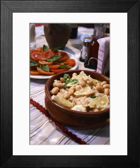 Framed Print : Salad with white beans in an earthenware bowl. Tomato and basil salad. White beans Framed Print : Salad with white beans in an earthenware bowl. Tomato and basil salad. White beans