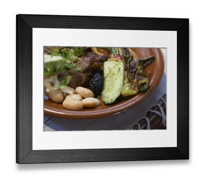 Framed Print : White bean and onion salad, grilled vegetables, baby suckling pig pork chops. Traditional Framed Print : White bean and onion salad, grilled vegetables, baby suckling pig pork chops. Traditional