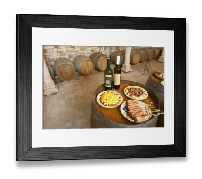 Framed Print : Bottles of wine and Albanian appetizers: cheese olives sausage... Cobo winery, Poshnje, Berat