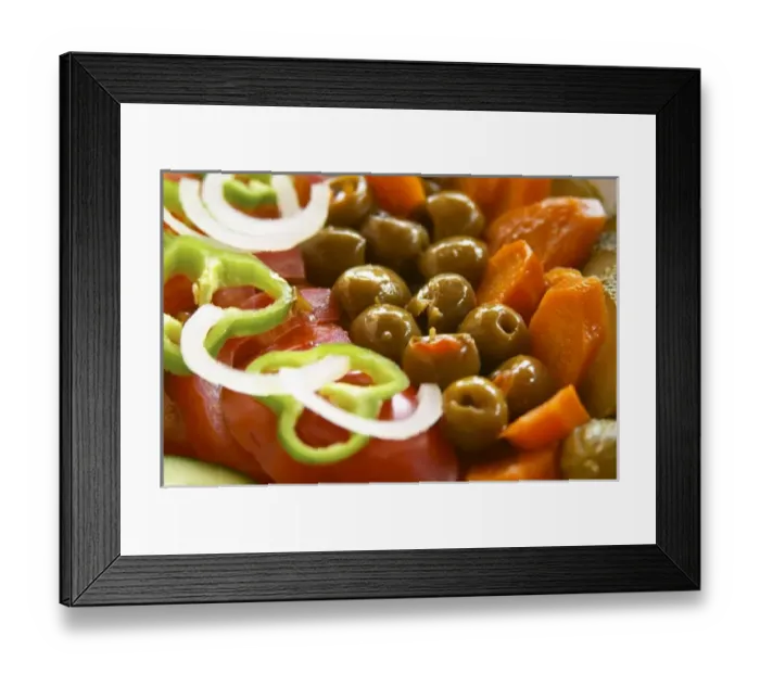 Framed Print : Salad with tomatoes, onions, green bell peppers, olives and carrots. Berat lower town Framed Print : Salad with tomatoes, onions, green bell peppers, olives and carrots. Berat lower town