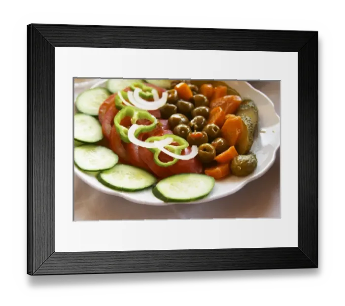 Framed Print : Salad with tomatoes, onions, green bell peppers, cucumbers, cornichons olives and carrots