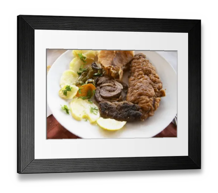 Framed Print : Traditional dish with potatoes, rolled roast lamb, fried fish, kafta meat balls. Berat lower town Framed Print : Traditional dish with potatoes, rolled roast lamb, fried fish, kafta meat balls. Berat lower town
