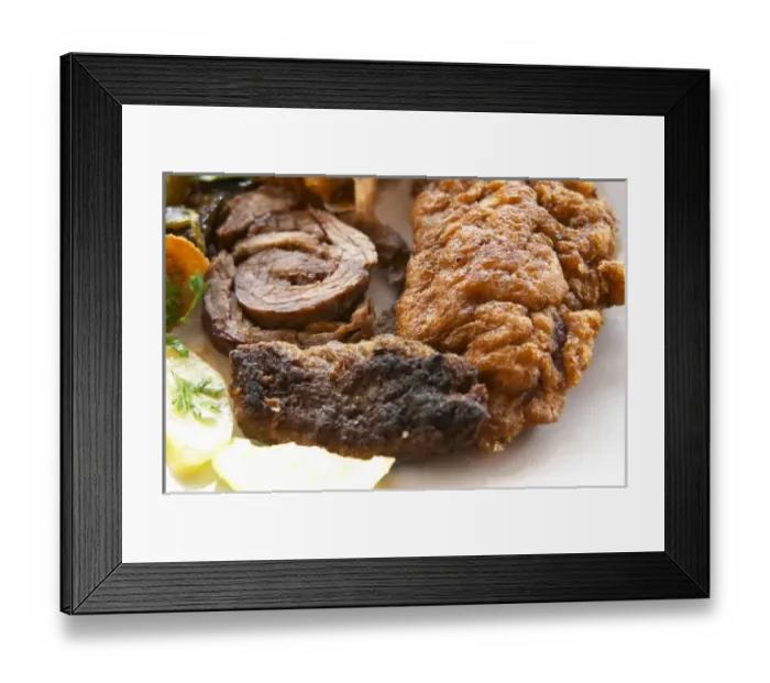 Framed Print : Traditional dish with potatoes, rolled roast lamb, fried fish, kafta meat balls. Berat lower town Framed Print : Traditional dish with potatoes, rolled roast lamb, fried fish, kafta meat balls. Berat lower town