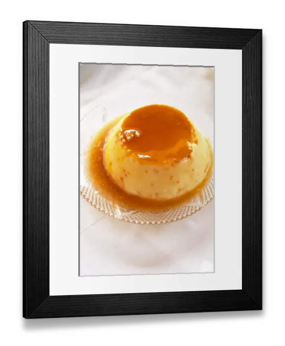 Framed Print : Creme caramel type of pudding with caramel sauce. Berat lower town. Albania, Balkan, Europe Framed Print : Creme caramel type of pudding with caramel sauce. Berat lower town. Albania, Balkan, Europe