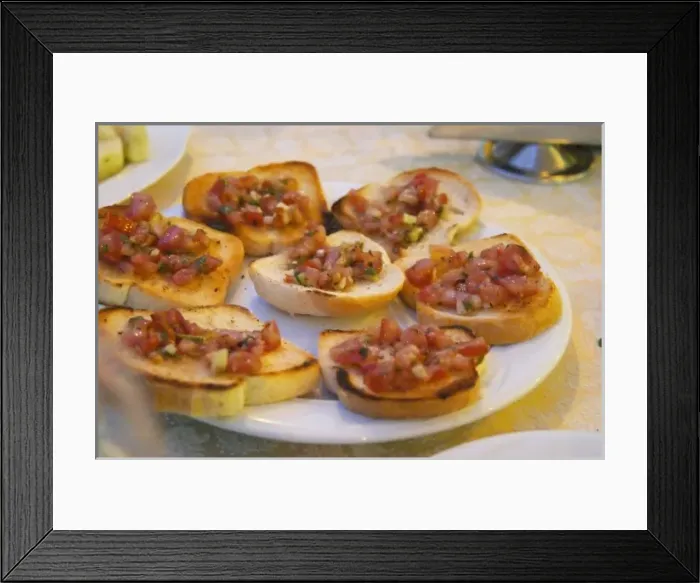 Framed Print : Small pieces of bread croutons with tomato bruschetta-like. Tirana capital. Albania, Balkan, Europe Framed Print : Small pieces of bread croutons with tomato bruschetta-like. Tirana capital. Albania, Balkan, Europe