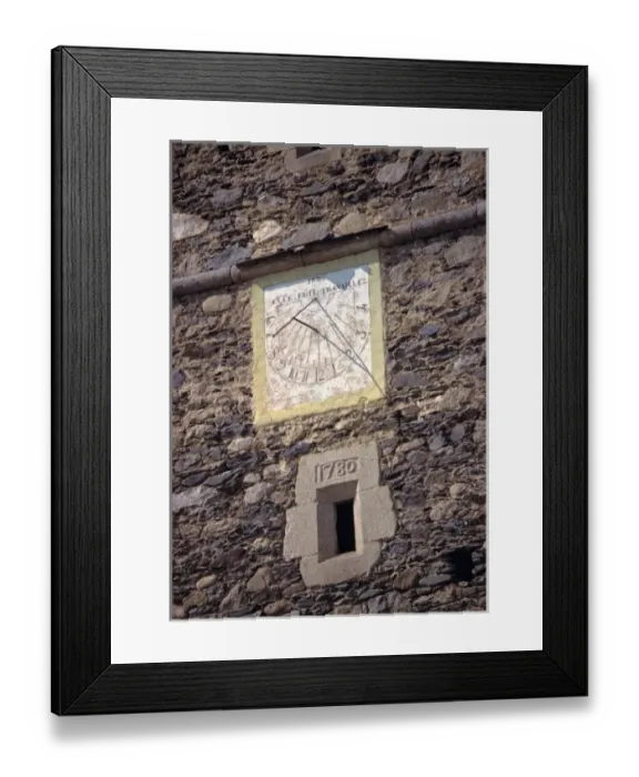 Framed Print : Europe, Andorra. An old sun dial adorns a stone tower in Andorra Framed Print : Europe, Andorra. An old sun dial adorns a stone tower in Andorra