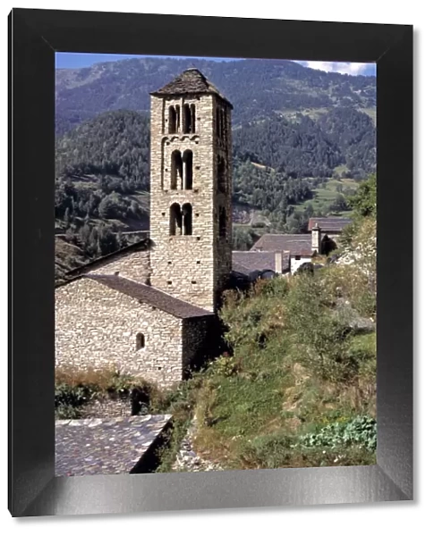 Europe, Andorra, Sant Climent de Pal. A stone clock tower indicates the center of a small village