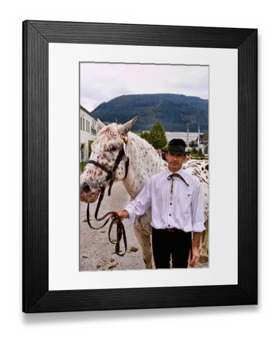 Framed Print : Local man with horse for show at horse show event in Tamsweg Austria alpine village