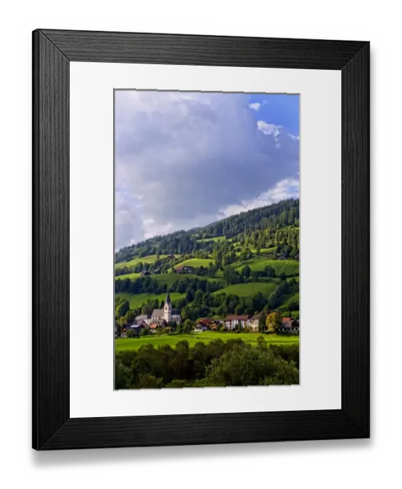 Framed Print : St Lorenzo village in Murau Austria with beautiful green mountains in this alpine setting Framed Print : St Lorenzo village in Murau Austria with beautiful green mountains in this alpine setting