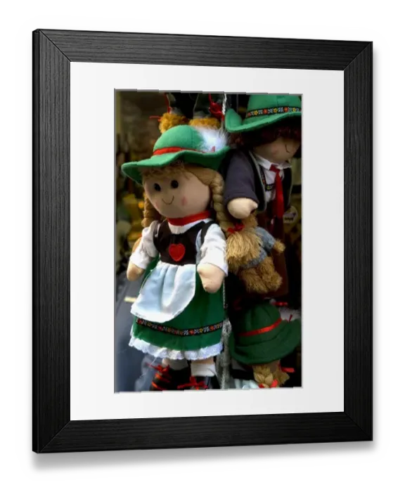 Framed Print : Puppets for sale at store in Satzburg Austria with alpine hats Framed Print : Puppets for sale at store in Satzburg Austria with alpine hats