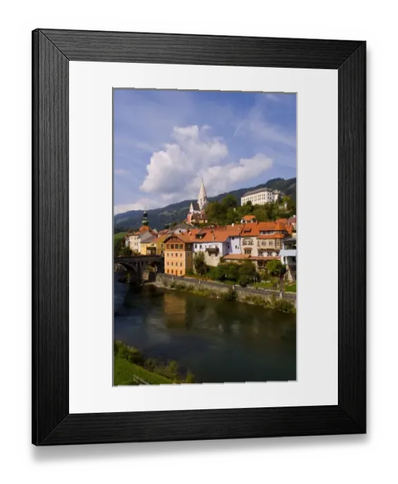 Framed Print : Old historical old town of Murau Austria downtown and churches and Mur River Framed Print : Old historical old town of Murau Austria downtown and churches and Mur River