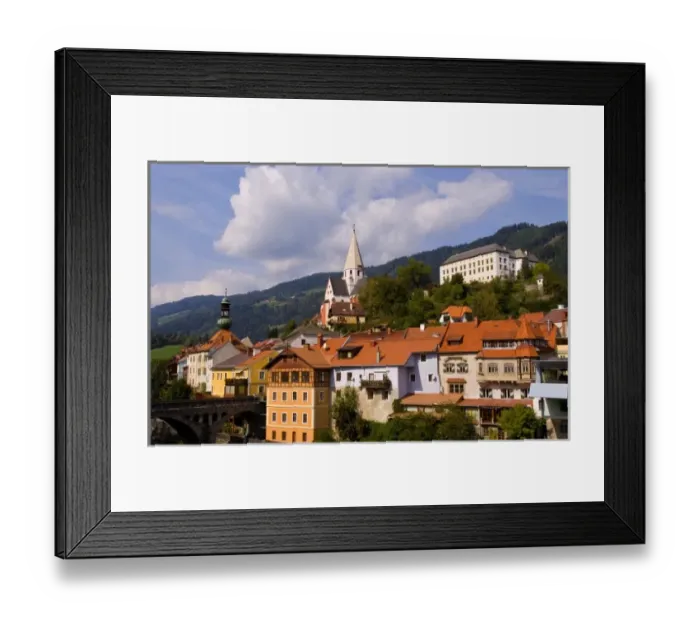 Framed Print : Old historical old town of Murau Austria downtown and churches and Mur River Framed Print : Old historical old town of Murau Austria downtown and churches and Mur River