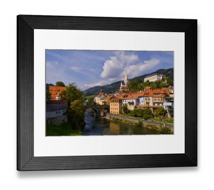 Framed Print : Old historical old town of Murau Austria downtown and churches and Mur River Framed Print : Old historical old town of Murau Austria downtown and churches and Mur River