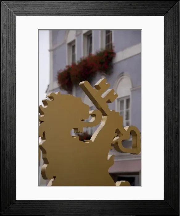 Framed Print : Austria, Wachau Valley, Melk. Historic downtown Melk. Golden lion with key, Melk city symbol