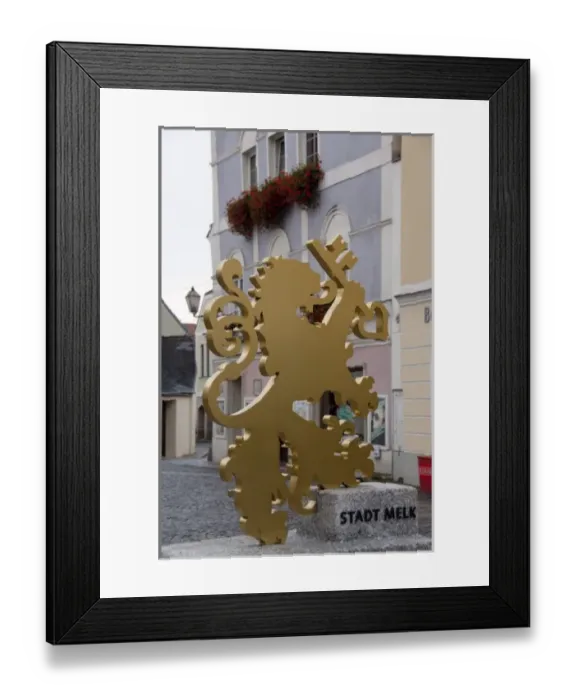Framed Print : Austria, Wachau Valley, Melk. Historic downtown Melk. Golden lion with key, Melk city symbol