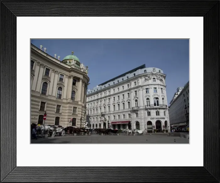 Framed Print : Austria, Vienna. Michaels Square, traditional horse-drawn fiaker (carriage) Framed Print : Austria, Vienna. Michaels Square, traditional horse-drawn fiaker (carriage)