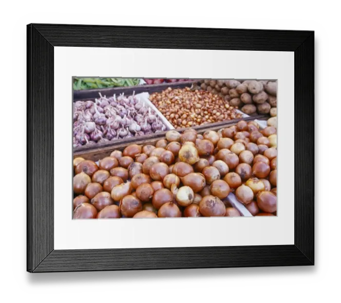 Framed Print : Brazil, Rio de Janeiro, onions, garlic and other produce for sale at market, near Ipanema Beach
