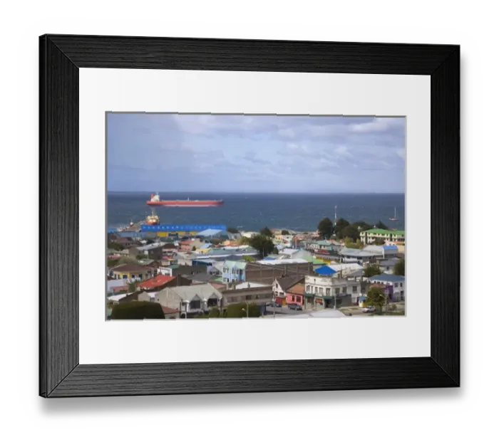 Framed Print : Chile, Patagonia, Punta Arenas. A large tanker off the coast with city in foreground Framed Print : Chile, Patagonia, Punta Arenas. A large tanker off the coast with city in foreground