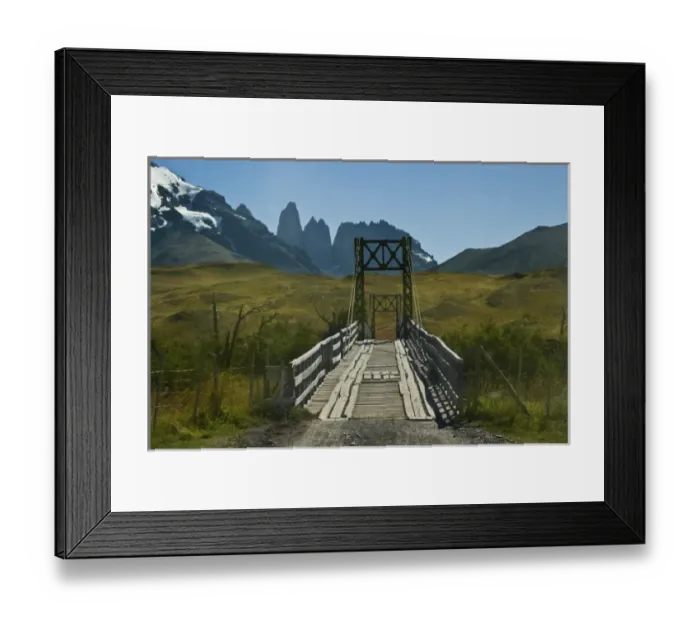Framed Print : Chile, Patagonia, Torres del Paine National Park. A narrow wooden bridge allows