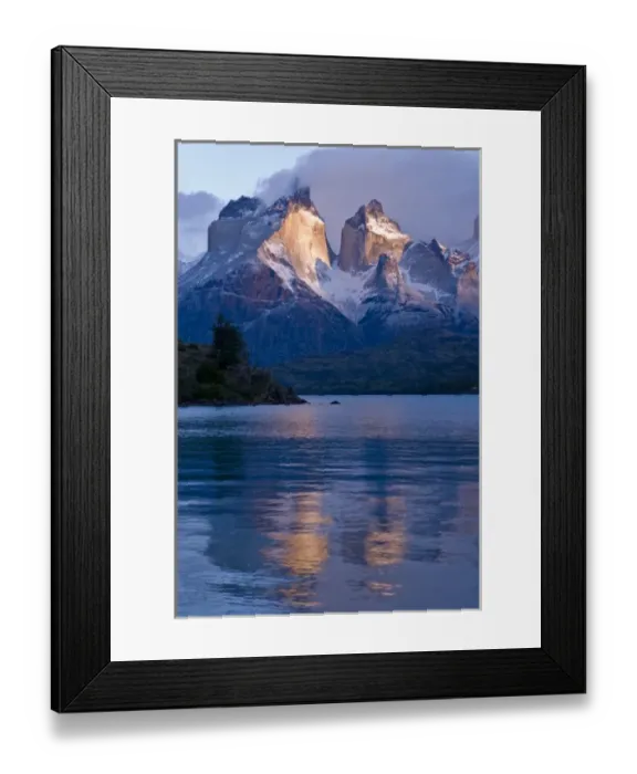 Framed Print : Torres Del Paine National Park, Cuernos at sunrise with reflection, Region 12, Chile