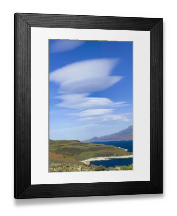 Framed Print : Dramatic clouds in the blue sky over meadow and Lago Pehoe, Torres del Paine National Park Framed Print : Dramatic clouds in the blue sky over meadow and Lago Pehoe, Torres del Paine National Park