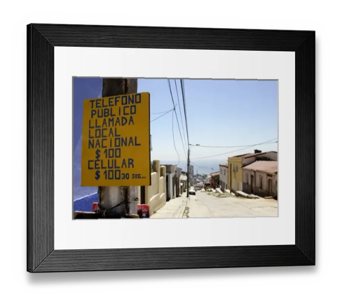 Framed Print : Public phone, local call 100 pesos mobile 100 pesos 30 secValparaiso is Chile s