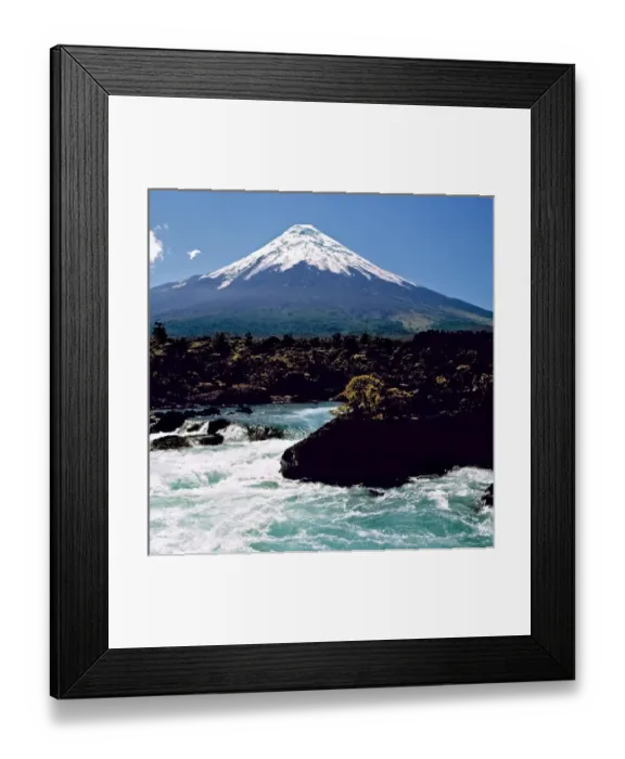 Framed Print : South America, Chile, Mt. Osorno. The turquoise waters of Petrohue River highlight volcanic