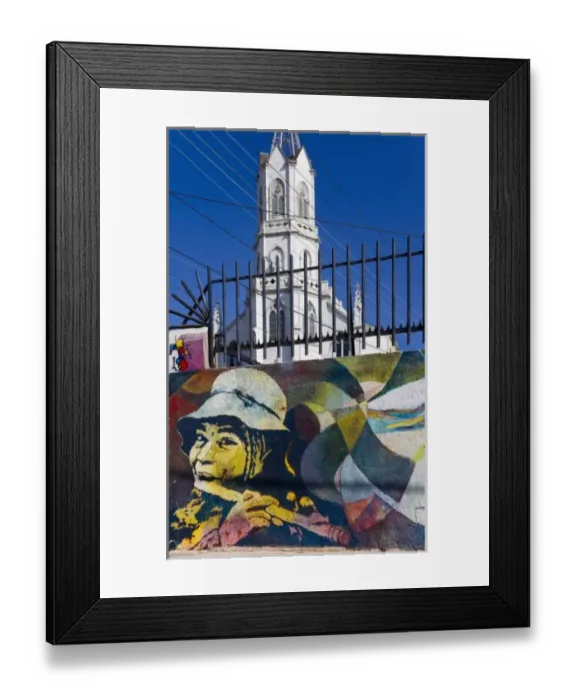 Framed Print : ValparaIso, Chile. South America. Portion of Mural and church of SeOora del Carmen Framed Print : ValparaIso, Chile. South America. Portion of Mural and church of SeOora del Carmen