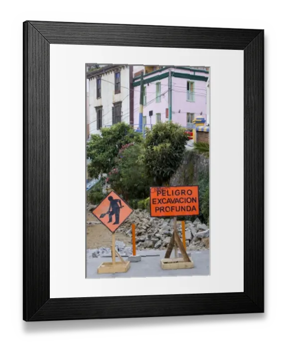 Framed Print : ValparaIso, Chile. South America. Signs and construction to rebuild cobblestone street