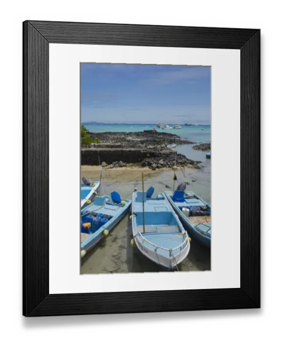 Framed Print : Harbor with blue water and boats and sun Santa Cruz Galapagos Islands Ecuador South