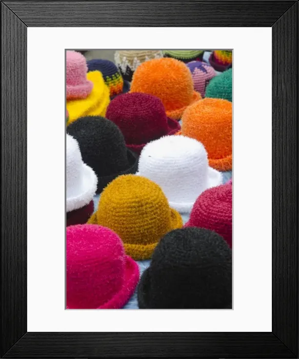 Framed Print : Colorful hats for sale souvenirs in small village of Otavalo Ecuador South America Framed Print : Colorful hats for sale souvenirs in small village of Otavalo Ecuador South America