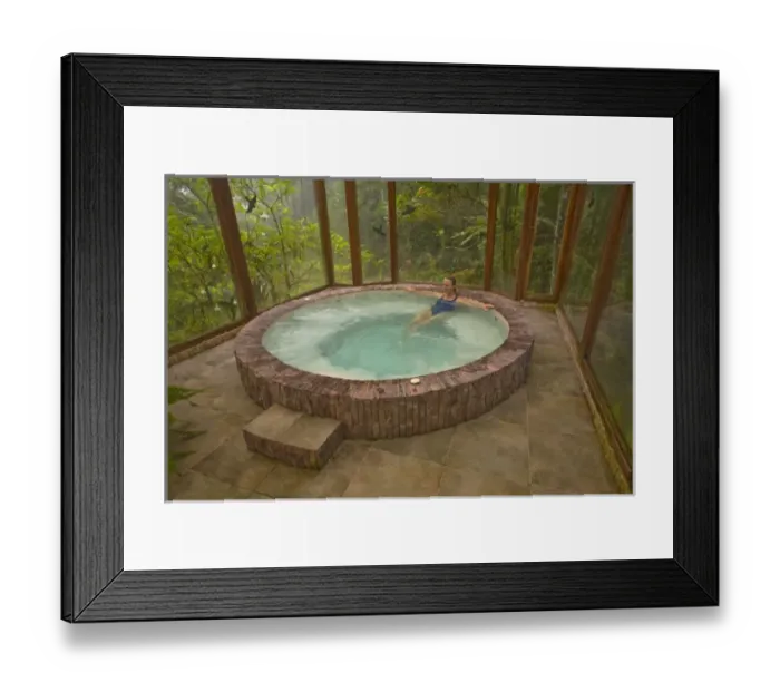 Framed Print : woman in hot tub at Sachatamia Lodge, Mindo, Pichincha province, Ecuador. (MR / PR) Framed Print : woman in hot tub at Sachatamia Lodge, Mindo, Pichincha province, Ecuador. (MR / PR)