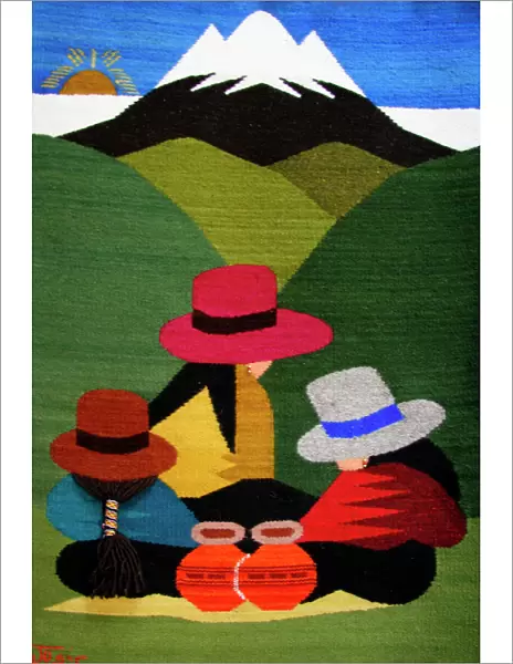 Ecuador, Otavalo. Woven wallhangings displaying scenes of Andean life and culture