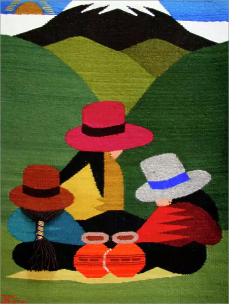 Ecuador, Otavalo. Woven wallhangings displaying scenes of Andean life and culture