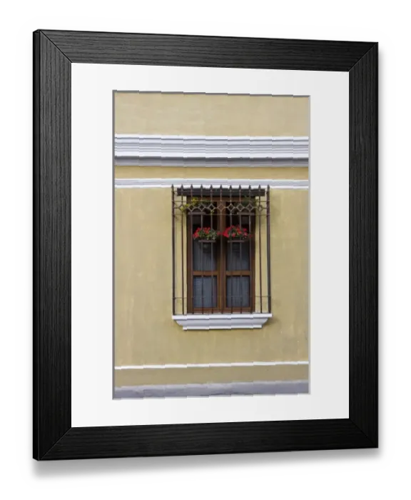 Framed Print : Guatemala, Antigua. Window with flower pots in the town of Antigua