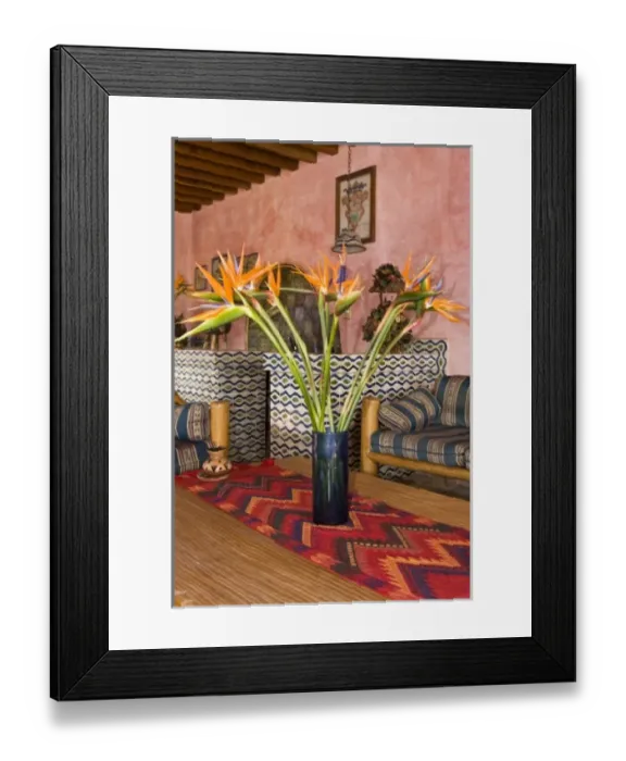 Framed Print : Guatemala, Antigua. Floral arrangement on a table in hotel lobby