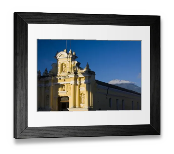 Framed Print : Guatemala, Antigua. San Pedro Church in the town of Antigua and Vulcan de Agua