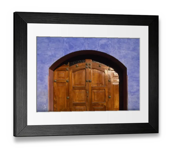 Framed Print : Guatemala, Antigua, Detail of wooden doorway and brightly painted walls of colonial