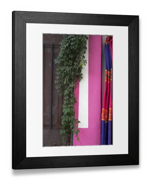 Framed Print : Mexico, Puerto Vallarta. Serape hanging next to colorful wall and hanging plant Framed Print : Mexico, Puerto Vallarta. Serape hanging next to colorful wall and hanging plant