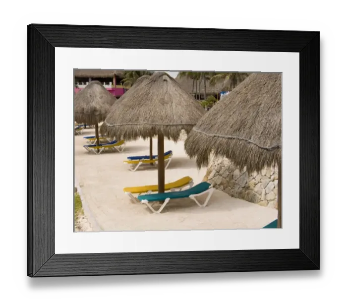 Framed Print : Mexico, Costa Maya. Beach palapas and lounge chairs in village